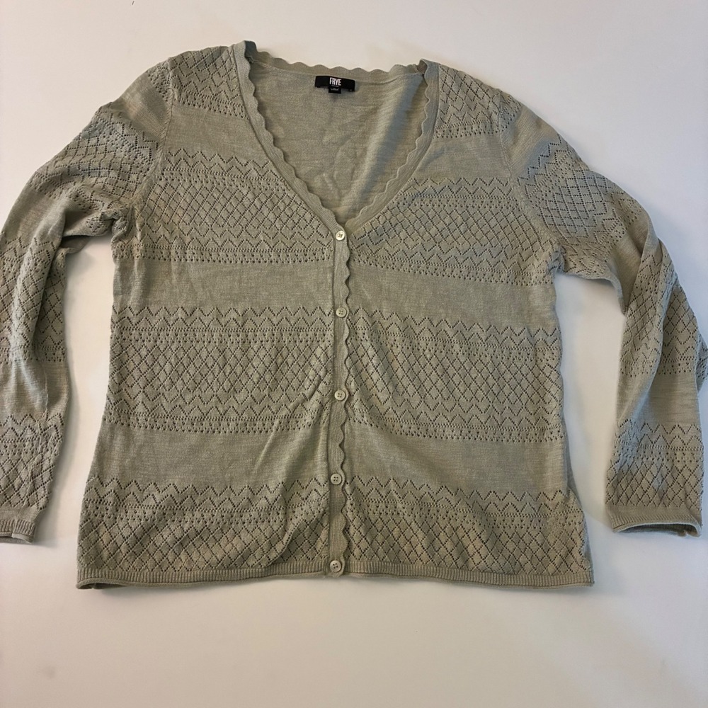 Frye Womens Large Sage Green Pointelle‎ Scalloped V-Neck Cotton Knit Cardigan